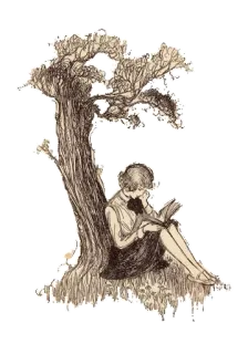 🍃 21e6845f 読書, 木, 本, 女性, ヴィンテージ, 自然 telegram sticker