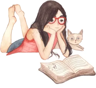 😼 ee024ea1 女の子, 読書, 猫, 本, イラスト, かわいい, 眼鏡 telegram sticker