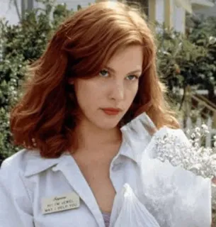 🍒 db87f740 Hi, I'm Jewel. May I help you? phụ nữ, tóc đỏ, trang sức, giúp đỡ, chào hỏi, thẻ tên telegram sticker