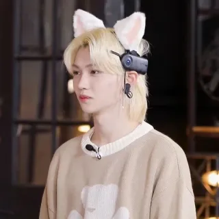 😸 27fc70c6 человек, блондинка, уши, кошачьи уши, гарнитура, свитер telegram sticker