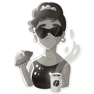 😎 77bac7e0 woman, sunglasses, croissant, coffee, portrait, cartoon, monochrome telegram sticker