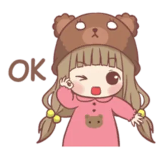 👌 66b8faab OK menina, chapéu de urso, ok, fofo, desenho animado, adesivo telegram sticker
