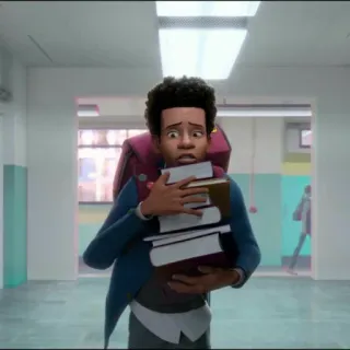 🏀 61bbc711 Miles Morales Spider-Man: Into the Spider-Verse человек-паук, майлз моралес, мультфильм, в стрессе, книги whatsapp sticker