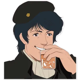 😬 82e51cfd 男人, 贝雷帽, 喝, 饮料, 微笑, 卡通 telegram sticker
