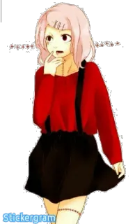 ☺️ 510ffaca Anime Mädchen, süß, pinke Haare, Illustration, weiblich, rotes Shirt, schwarzer Rock telegram sticker