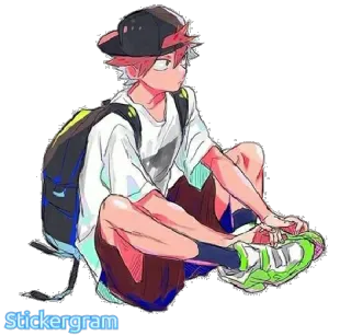 😜 7c94a08d Stickergram Anime, Cartoon, Figur, Sitzend, Rucksack, Hut telegram sticker