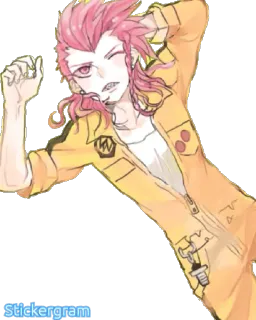 😉 8feee773 Kazuichi Souda Danganronpa Anime, Manga, Danganronpa, Kazuichi Souda, pinke Haare, Mechaniker telegram sticker