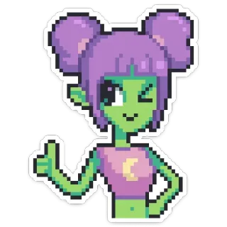 👍 34daa930 hoạt hình, người ngoài hành tinh, vũ trụ, pixel art, cô gái, giơ ngón tay cái whatsapp sticker