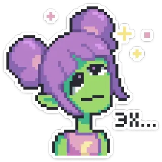 ☹ 3fb14ee3 Eh... pixel art, tóc tím, da xanh lá, phụ nữ, nhân vật whatsapp sticker