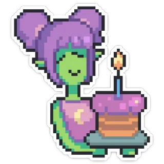 🎂 5f7cb7f5 sinh nhật, bánh, người ngoài hành tinh, hoạt hình, dễ thương, pixel art whatsapp sticker