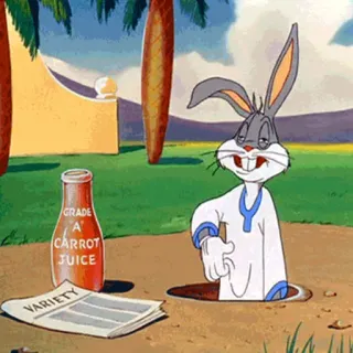 😖 459b99ba Bugs Bunny GRADE A CARROT JUICE dibujos animados, conejo, zumo de zanahoria, periódico telegram sticker