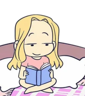 😌 3814da0e 卡通, 阅读, 女孩, 书, 床, 放松 telegram sticker