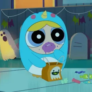 🍭 8e10ec95 Bubbles Powerpuff Girls мультфильм, хэллоуин, костюм, конфеты, Суперкрошки telegram sticker