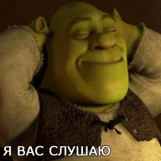 😐 16d3e073 Shrek Я ВАС СЛУШАЮ shrek, écoute, vert, ogre, détendu whatsapp sticker