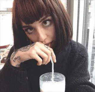 🌿 e16edef8 mulher, bebida, tatuagem, menina, retrato, pessoa, interior telegram sticker