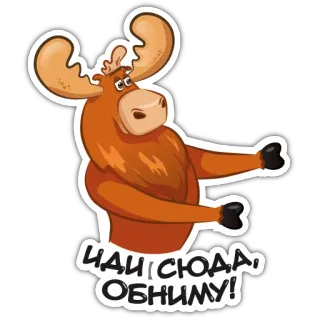💕 02b6a475 ИДИ СЮДА, ОБНИМУ! łoś, kreskówka, pozdrowienie, przytulanie, rosyjski telegram sticker