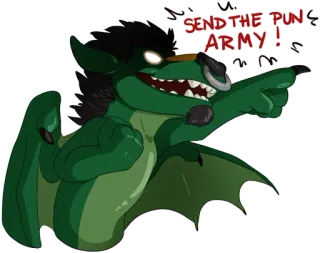 😈 ac85e2fa SEND THE PUNS ARMY! dragón, juego de palabras, ejército, humor, meme, gracioso, dibujos animados telegram sticker