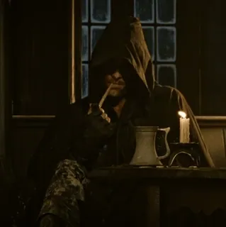 💍 6ff2961c Figura incappucciata, Candela, Taverna, Fumare, Oscuro, Medievale telegram sticker