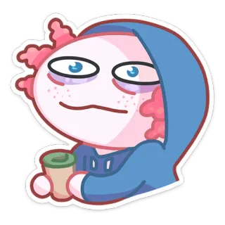 😐 d2f668ed axolotl, dessin animé, fatigué, café, autocollant telegram sticker