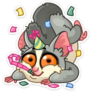 🥳 a495489a fête, phalanger volant, animal, confettis, célébration whatsapp sticker