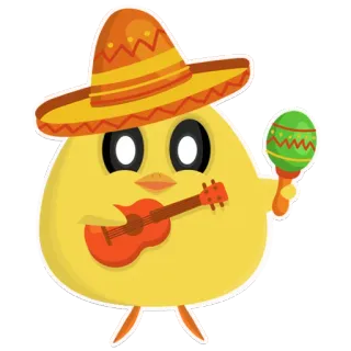💃 092280f8 chick, maraca, guitar, sombrero, cartoon, chicken, mexican, music telegram sticker