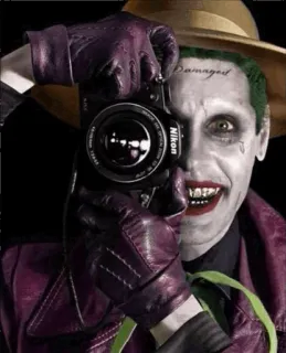 😃 9b29038c Joker Damaged Джокер, DC Comics, злодей, камера, Nikon whatsapp sticker