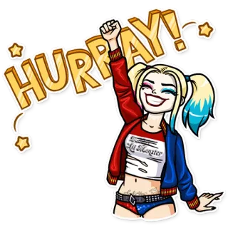 😁 3ba346c3 Harley Quinn HURRAY! Harley Quinn, kartun, DC Comics, penjahat super, hura, perayaan, buku komik telegram sticker