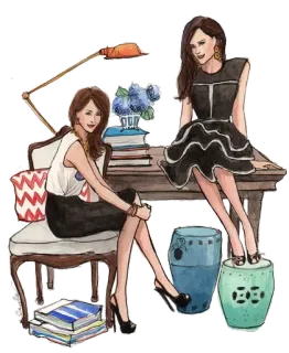 👭 eb9b4fdc femmes, mode, illustration, oeuvre d'art, style, chaises, livres whatsapp sticker