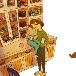 😚 4aca1197 PUUUNG(퍼엉) couple, baiser, amour, mignon, illustration, café, cuisine whatsapp sticker