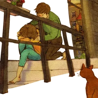 😭 c7607ce2 couple, réconfort, tristesse, illustration, chat, balcon whatsapp sticker