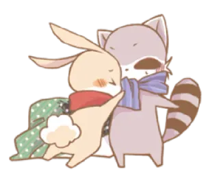 😘 6f2d6d46 conejo, mapache, dibujos animados, animales, lindo, bufanda, abrazo whatsapp sticker