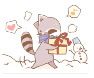 🎁 b95c6726 mapache, invierno, regalo, nieve, muñeco de nieve, lindo, dibujos animados whatsapp sticker