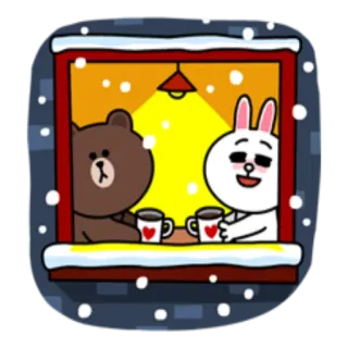 🌨 2d026641 Brown かわいい, 窓, くま, うさぎ, 雪, 冬, コーヒー, カップル telegram sticker