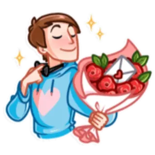 💐 8c22e58b cartoon, heart, love, roses, bouquet, greeting card, boy, romantic whatsapp sticker