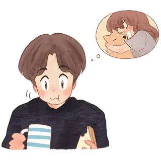 😱 7e74dfcb sticker, cartoon, illustration, person, thinking, dog, hug, coffee telegram sticker