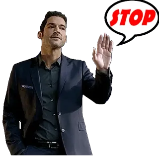 🚫 6be184c4 Lucifer Morningstar Lucifer STOP ルシファー, ストップ, テレビ番組, 手, スーツ telegram sticker