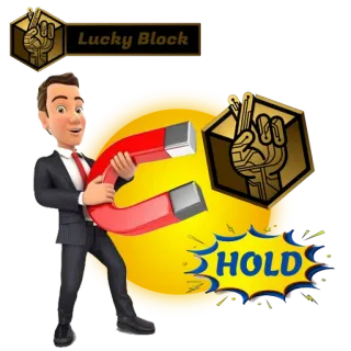 ☺️ 8826b74d Lucky Block crypto, lucky block, hold, aimant, homme d'affaires, geste de la main telegram sticker