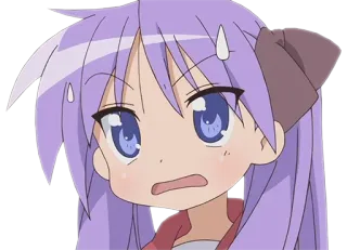 😅 5f033c1e Konata Izumi Lucky Star animé, fille, confuse, nerveuse, gouttes de sueur, cheveux violets telegram sticker
