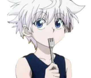 😊 df9fe3c1 Killua Zoldyck Hunter x Hunter อนิเมะ, เด็กผู้ชาย, กิน, ผมสีเงิน, ส้อม, คิรัวร์, คิรัวร์ โซลดิ๊ก telegram sticker