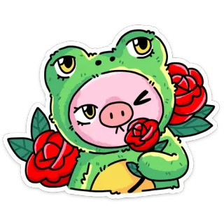 🌺 b81dfb99 rana, maiale, rose, carino, cartone animato, animale, illustrazione whatsapp sticker