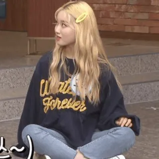 🔮 2cb00bef Water Forever woman, sitting, blonde hair, sweater, jeans, korean whatsapp sticker