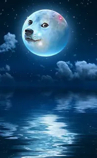 👌 4c326064 โดจ, หมา, พระจันทร์, กลางคืน, น้ำ, เงาสะท้อน, ดาว, มีม telegram sticker