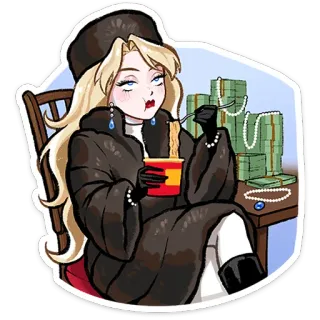 ⭐ 2d7e29d4 mulher, casaco de pele, dinheiro, macarrão, rico, glamour, desenho animado whatsapp sticker