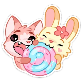 🍬 8016d086 キツネ, ウサギ, キャンディ, 可愛い, 動物, ステッカー, 漫画, ピンク, パステル telegram sticker