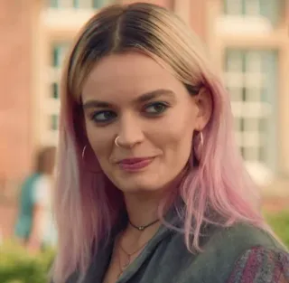 ✨ 64497145 Maeve Wiley Sex Education phụ nữ, cô gái, tóc hồng, chân dung, nụ cười, chương trình TV telegram sticker