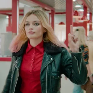 ✨ f1e47200 phụ nữ, ngón giữa, xúc phạm, cử chỉ, áo khoác telegram sticker