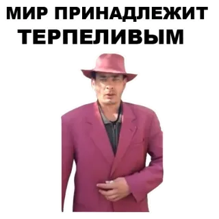 🤵 efbba233 МИР ПРИНАДЛЕЖИТ ТЕРПЕЛИВЫМ tekst, rosyjski, mężczyzna, kapelusz, cytat whatsapp sticker