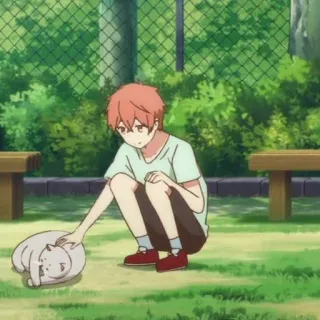 🎸 c1a07daa 애니메이션, 소년, 고양이, 귀여운, 야외, 쓰다듬기, 잔디, 만화 telegram sticker