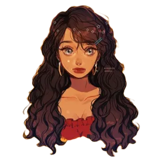 🌹 cd5d1e5c 女の子, ブルネット, 巻き毛, 漫画, 女性, ポートレート, イラスト, デジタルアート telegram sticker