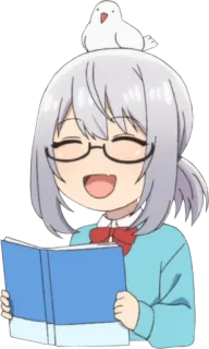 🤓 f8ff0013 Anime, Fille, Lunettes, Oiseau, Livre, Dessin animé, Kawaii whatsapp sticker